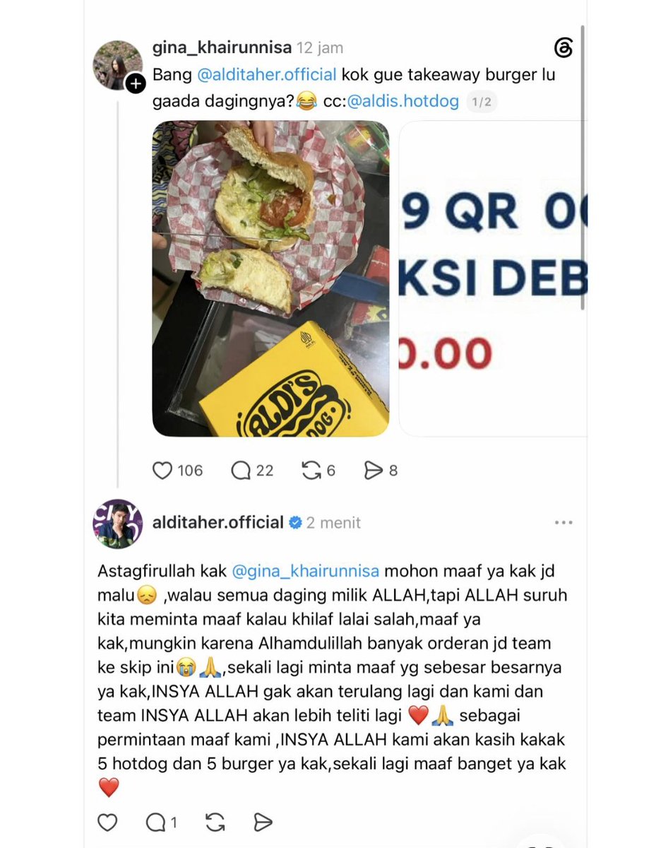 insidefolkative's tweet photo. Salfok sama gimana Aldi Taher handle langsung customer nya. Jadi ada pelanggan Aldis Burger, terus dagingnya ketinggalan, di tag lah Aldi Taher melalui akun threads-nya. Langsung gercep, Aldi Taher pun merespon dan minta maaf atas kejadian tersebut dan akan mengganti pesanan kakaknya dengan 5 hotdog dan 5 burger. Keren banget bang Aldi.