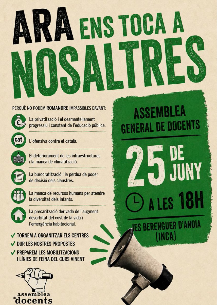 Assembleadocent's tweet photo. Si ets docent, tens una cita.
📅 25 de juny
🕕 18 h
📍 IES Berenguer d'Anoia (Inca)
Vine a l'assemblea general! https://t.co/1SvuF1lamr