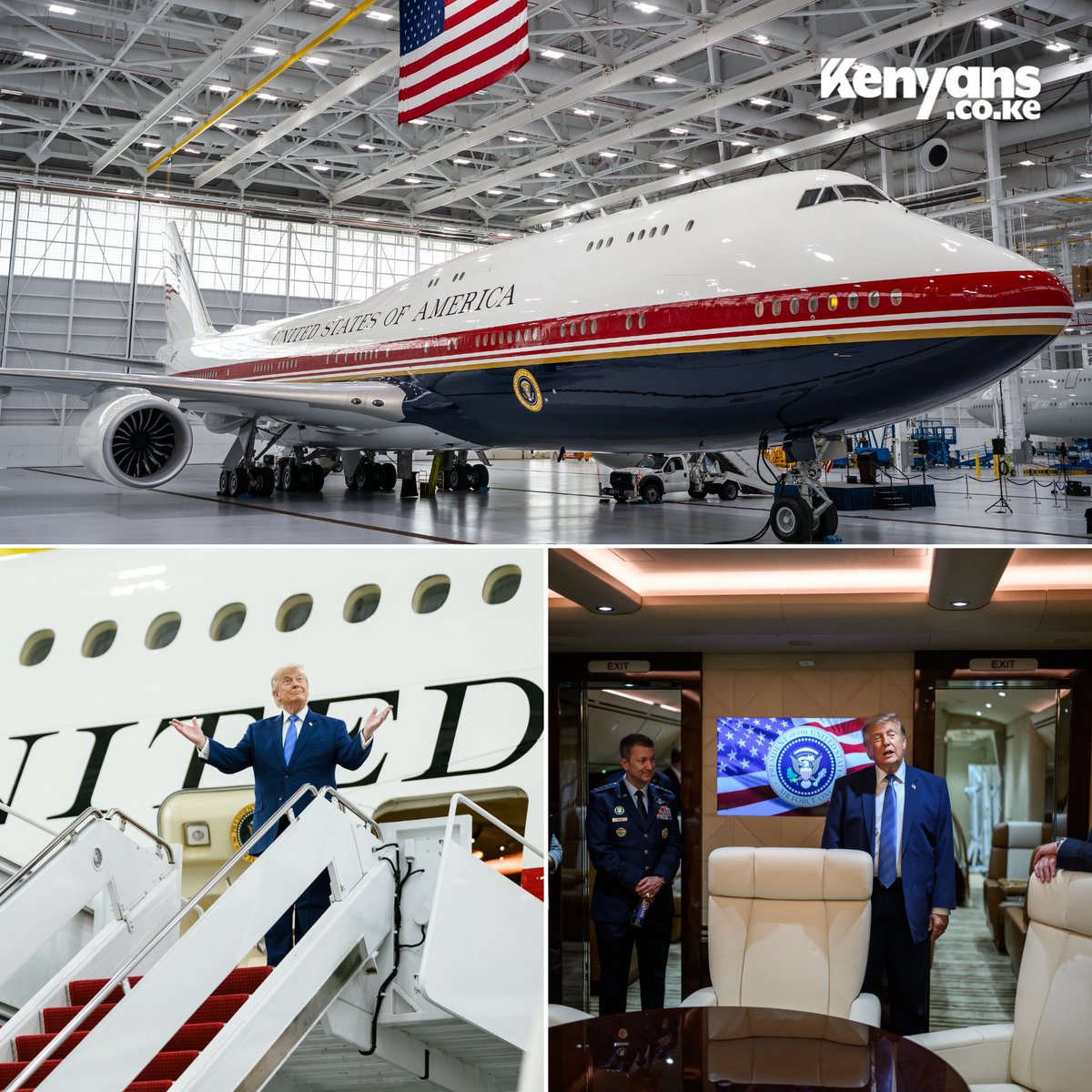Kenyans's tweet photo. President Trump unveils the new Air Force One VC-25B, a Boeing 747-8 that replaces the old VC-25A that was in service for 35 years https://t.co/Br3Cza4dSv
