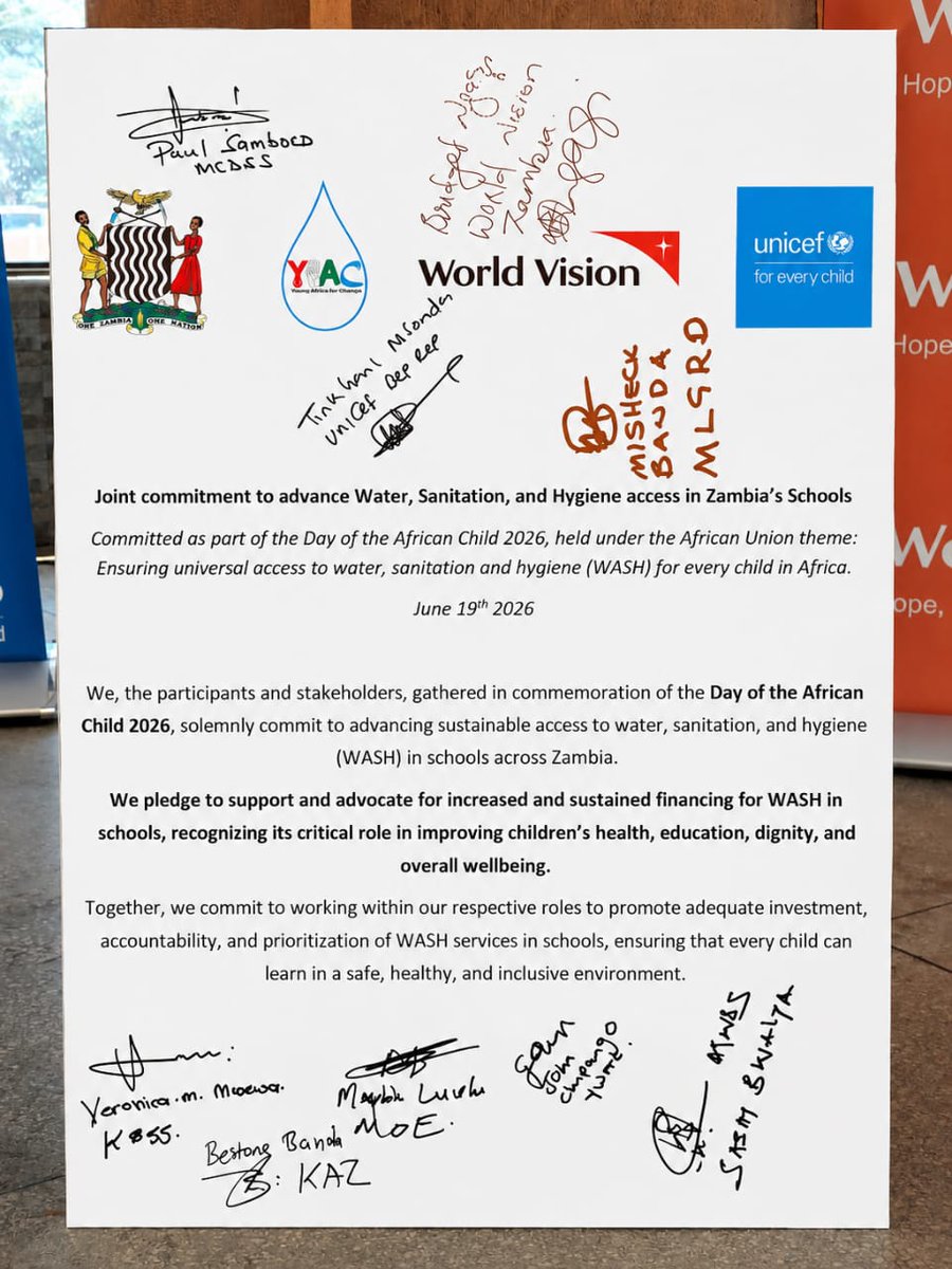 JohnChipangojnr's tweet photo. Only 4% of Zambia’s schools meet basic WASH standards.
Yesterday @youth_wash81906, Government, @unicefzambia & @WorldVisionZamo signed the #DAC2026 commitment to change that. Youth voice is now at the table for accountability. #DAC2026 #WASHinSchools #YWAC https://t.co/eB6GANTEc0