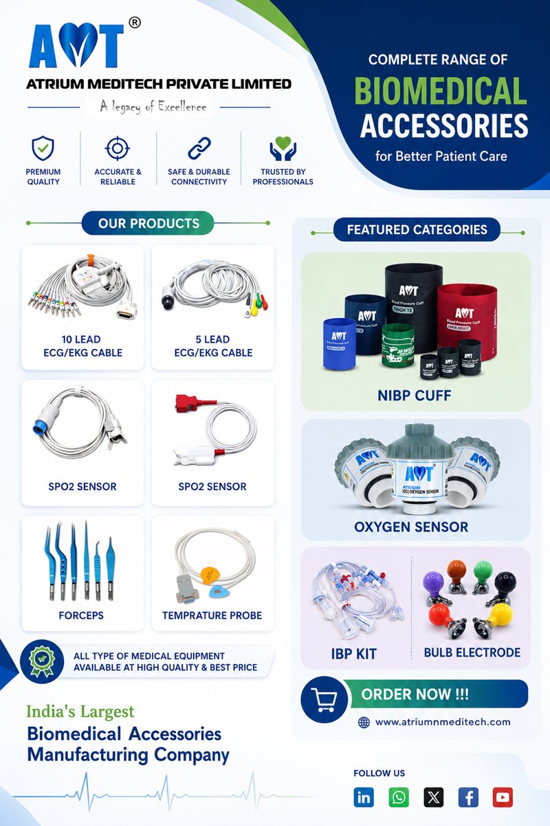 Atriummeditech's tweet photo. Follow Our whatsapp channel for more info
( https://t.co/z8oBvHC81t )
🩺🩺 Our product list , SPO2 Sensor, ECG/EKG Cable, NIBP Cuff, IBP Kit, Bipolar Forceps 🩺🩺
🫴🏻 Lots of offers going on, Contact Us for more info 🥳
📞📞 +91 95512 66676 / +91 95512 66505 🎁  
#MedicalEducation https://t.co/u5Go7lGlTS
