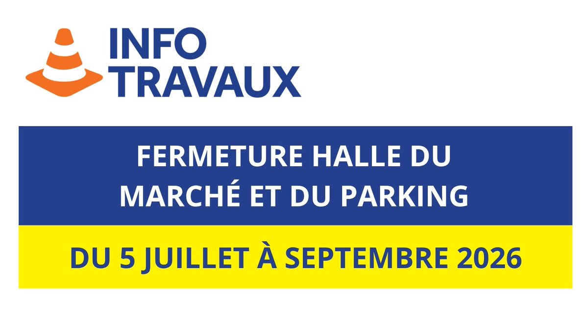 fontenay92's tweet photo. #InfosTravaux 🚧

Dans le cadre des travaux de réfection du sol de la Halle du Marché, le bâtiment sera fermé à compte du 5 juillet 2026, jusqu’en septembre prochain. 

Le niveau -2 du parking sera inaccessible à partir du 30 juin. ❌ https://t.co/bZwZXRT1iN