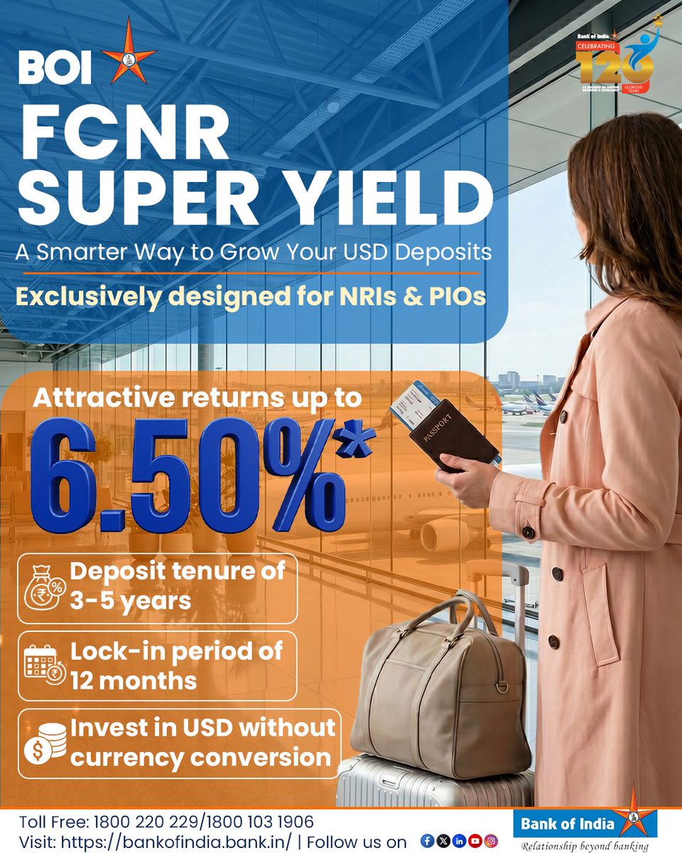 BankofIndia_IN's tweet photo. Bank of India’s FCNR Super Yield lets NRIs and PIOs invest in USD deposits and earn attractive returns of up to 6.50%* on tenures ranging from 3 to 5 years—without the need for currency conversion.
#BankOfIndia #FCNRSuperYield #NRIBanking #USDDeposits #FixedDeposit https://t.co/zGP2DrArPz