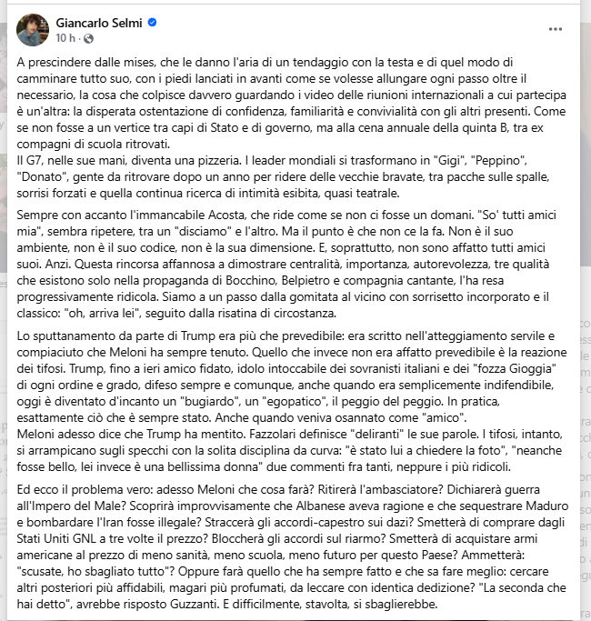 Moonlightshad1's tweet photo. "Il G7, nelle sue mani diventa una pizzeria. I leader mondiali si trasformano in "Gigi", "Peppino", "Donato", gente da ritrovare dopo un anno per ridere delle vecchie bravate, tra pacche sulle spalle, sorrisi forzati e quella continua ricerca di intimità esibita, quasi teatrale" https://t.co/HF6mXccjKS