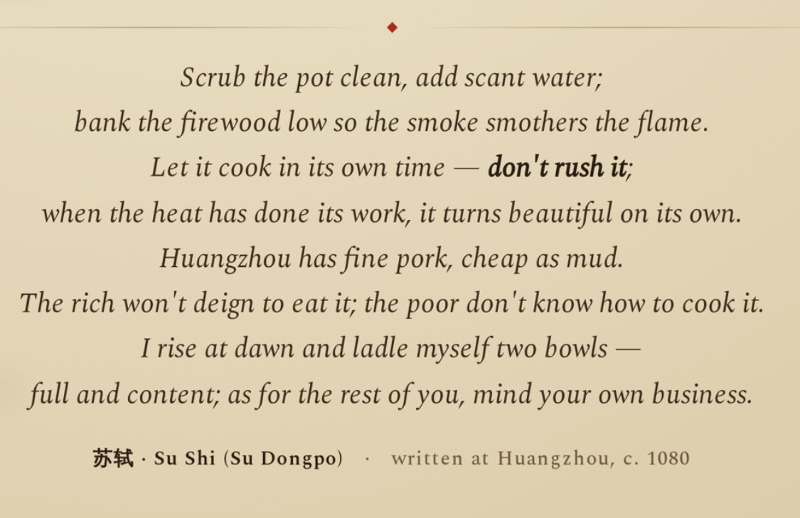 BijanTavassoli's tweet photo. Red-braised pork belly is the Poet‘s favorite dish!
东坡肉 is the original version — Su Dongpo invented it in Hainan during exile after losing the factional wars, turning the cheapest fatty meat into poetry. 毛氏红烧肉 is the winner's version — same belly, eaten by the poet who took the whole country and credited the fat with feeding his brain.
Su Dongpo braised pork to survive losing. Mao braised it to fuel the revolution. Same plate, opposite relationship to power. (The apples are the modern revisionist tendency.)
Best Dongpo rou I ever had was at a halal Hui restaurant in Hainan. I asked the waiter whether Dongpo rou being halal made it kosher too. He said, as far as he knew, neither Muhammad nor Moses had ever set foot on Hainan, so they couldn't possibly have meant to forbid it.