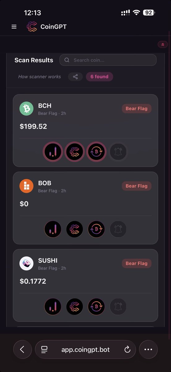 CoinGPT_app's tweet photo. Market's giving mixed signals, but the scanner doesn't lie.

Fresh Bear Flags detected on the 2H timeframe for $BCH, $BOB, and $SUSHI. 🚨

Total of 6 setups found by CoinGPT. Staying patient and waiting for confirmation. 📉 https://t.co/x6sZrrRNsW