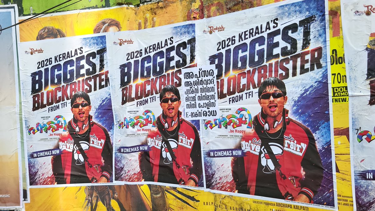 ASOKERALA's tweet photo. #Happy4K - 2026 Kerala's Biggest Blockbuster From TFI Wall Posters now out in the Public ❤️‍🔥

No.1 Non Malayalam Re-Release Grosser Of The State 🙏🔥

@alluarjun https://t.co/Si8Dqe1qUQ