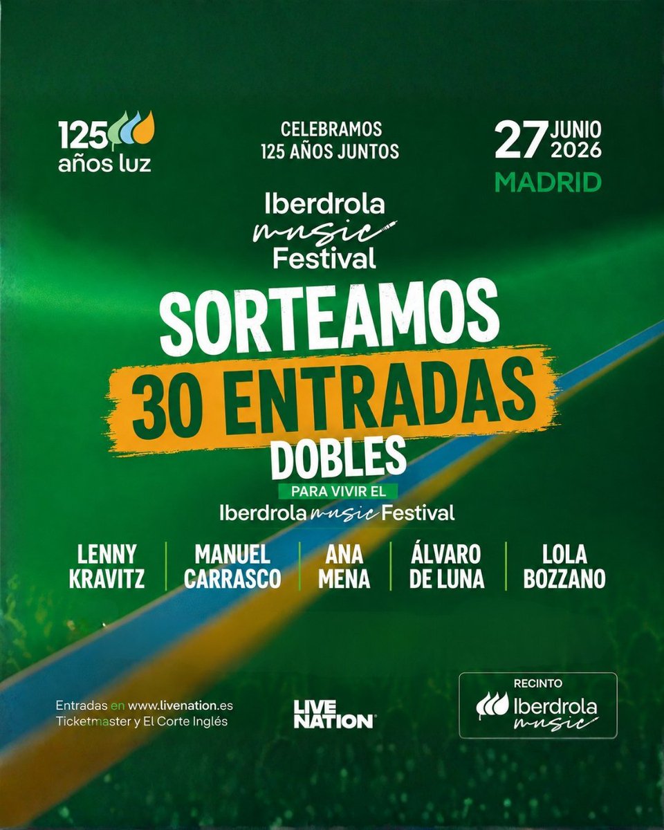 iberdrola's tweet photo. ¡¡¡SORTEOOO!!!

¡REGALAMOS 30 entradas DOBLES para un Festival ÚNICO! Con artistas como Lenny Kravitz, Ana Mena, Manuel Carrasco, Álvaro de Luna o Lola Bozzano.

📅 ¿Cuándo?
Sábado 27 de junio.

¿Dónde?
Espacio Iberdrola Music

Para ganar una entrada doble:
-Síguenos.
-Dale like a esta publicación.
-Menciona en comentarios a la persona con la que te gustaría compartir esta experiencia.

Prueba suerte y gana una entrada doble. Link en comentarios