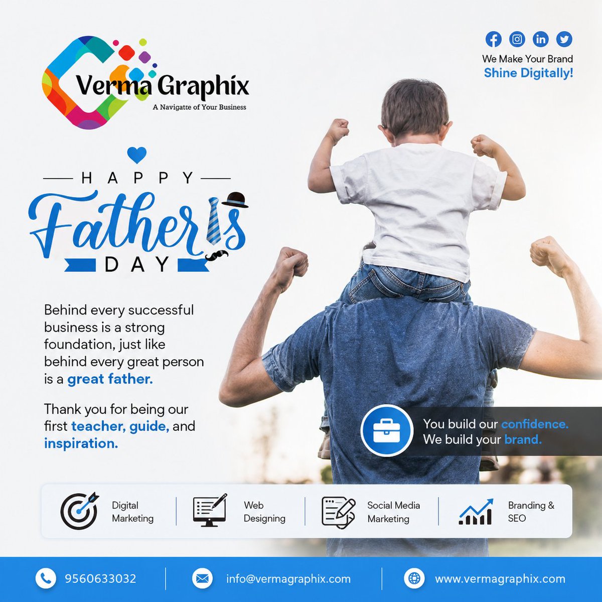 vermagraphix's tweet photo. The values we carry into our careers often begin at home.
Happy Father's Day to all fathers and mentors.
.
Get in touch with @vermagraphix 
. 
#VermaGraphix #SandeepKumarRajput #FathersDay #CareerGrowth #LeadershipSkills #Mentorship #FathersSpecial #GodFather https://t.co/54jpPPhUPf