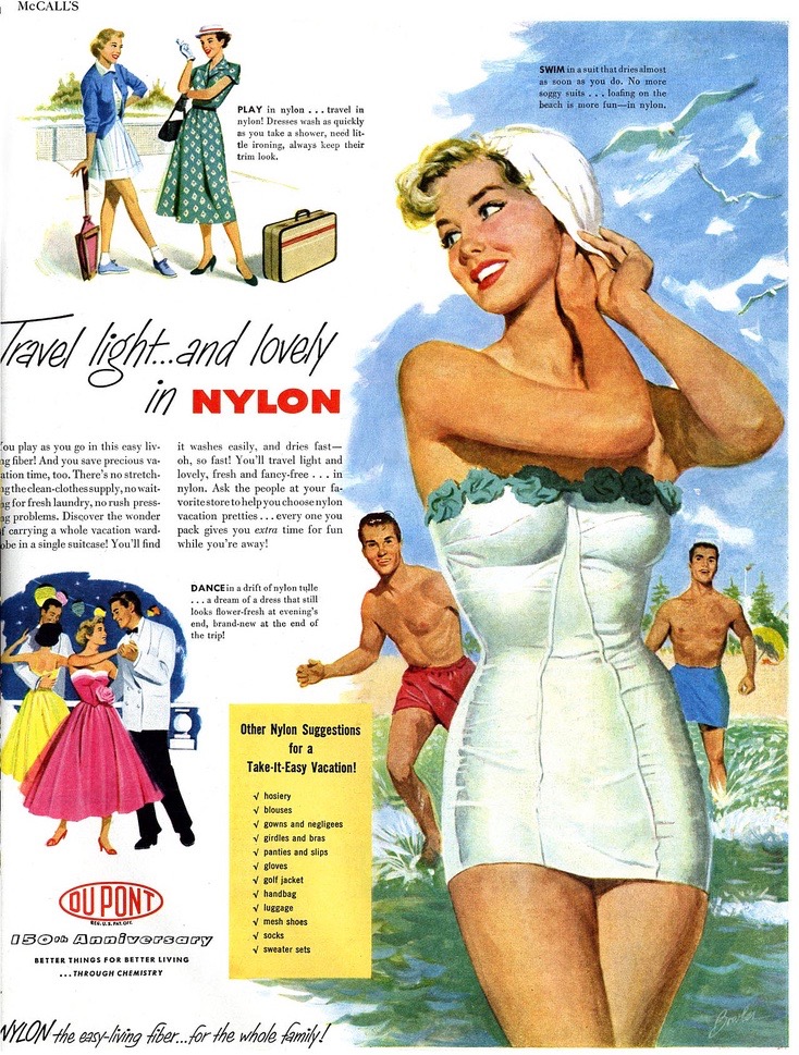 LRonLacy's tweet photo. In #JUNE 1952
‘Travel light . . . and lovely in NYLON’
Illustration by Joe Bowler (1928-2016)
#DuPont
'Better Things for Better Living . . . Through Chemistry’
*McCall's*, June 1952
#illustration #illustrationart #illustrationartists #JoeBowler #nylon #fabrics #synthetics https://t.co/rp2ZYlqwXw