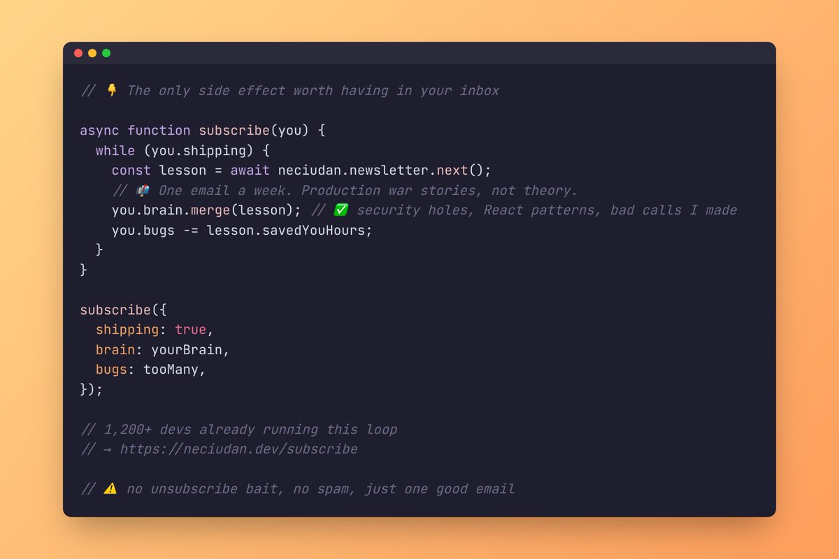 neciudan's tweet photo. 📬 I write one email a week about the JavaScript and web dev problems I'm actually hitting in production.

3,200+ developers have already subscribed. How about you?

Subscribe here: https://t.co/LZljlfa2wd https://t.co/hsCiUu9Eir