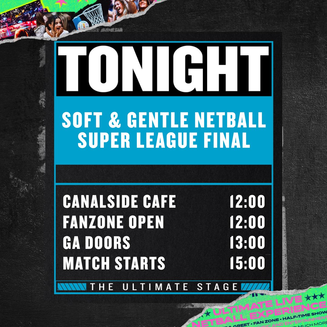 TheCoopLive's tweet photo. Know before you go to Soft &amp; Gentle Netball Super League Grand Final 🏆

🏐 Come down early to enjoy the free family fanzone, live DJ and unmissable entertainment at Canalside from 12:00. https://t.co/TY6k6D63le