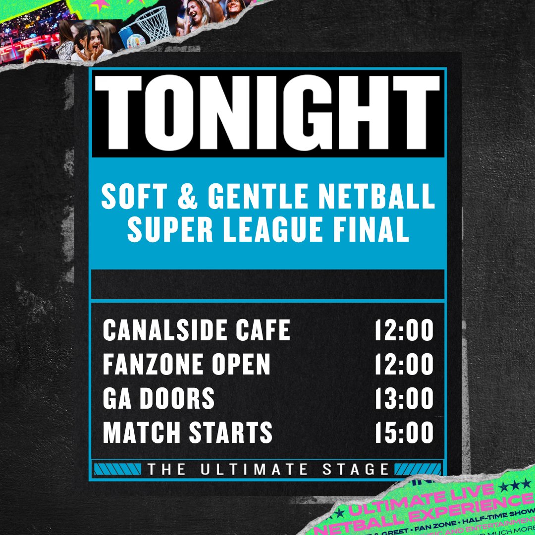 TheCoopLive's tweet photo. Know before you go to Soft &amp; Gentle Netball Super League Grand Final 🏆

🏐 Come down early to enjoy the free family fanzone, live DJ and unmissable entertainment at Canalside from 12:00. https://t.co/ROG6Q2wh7e