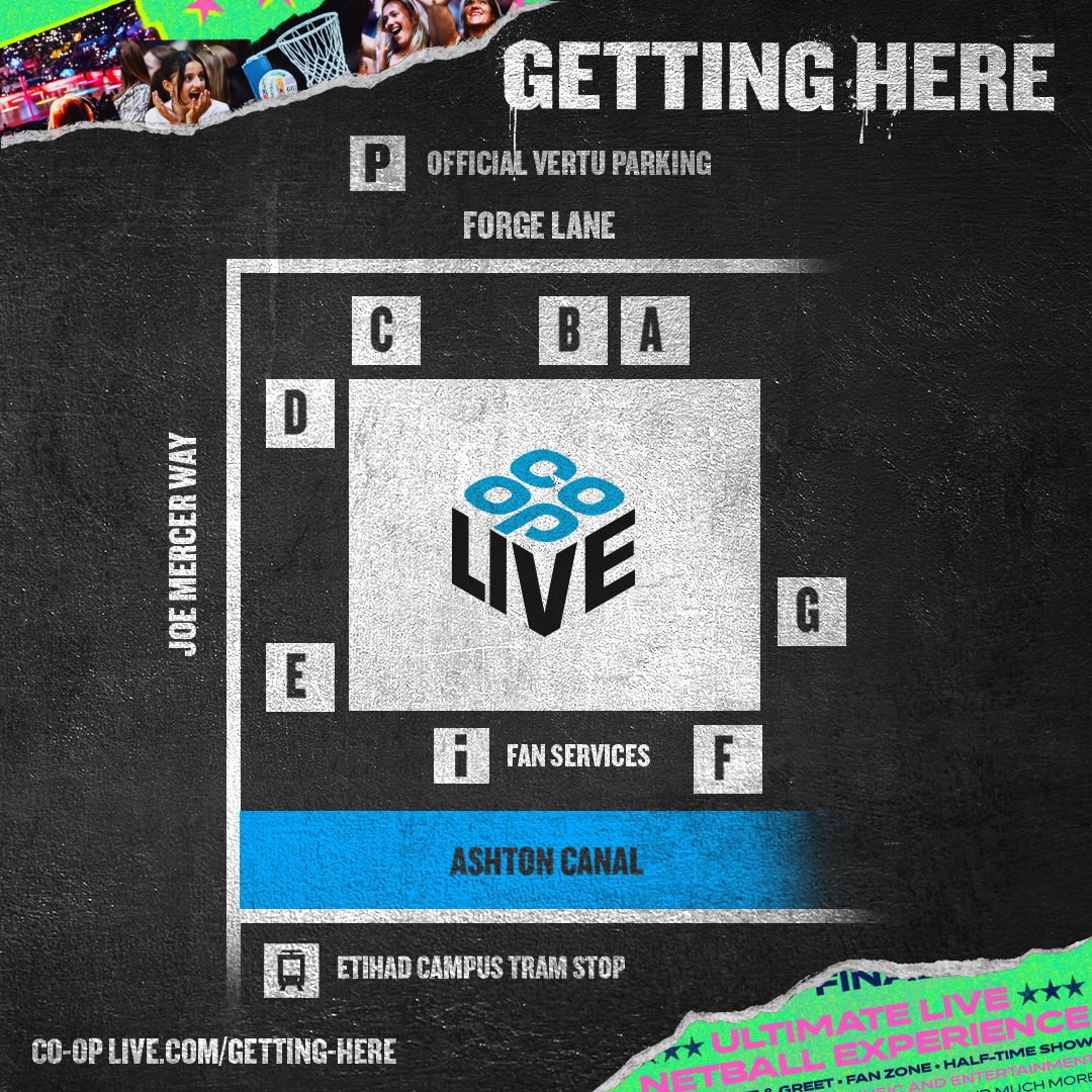 TheCoopLive's tweet photo. Know before you go to Soft &amp; Gentle Netball Super League Grand Final 🏆

🏐 Come down early to enjoy the free family fanzone, live DJ and unmissable entertainment at Canalside from 12:00. https://t.co/ROG6Q2wh7e