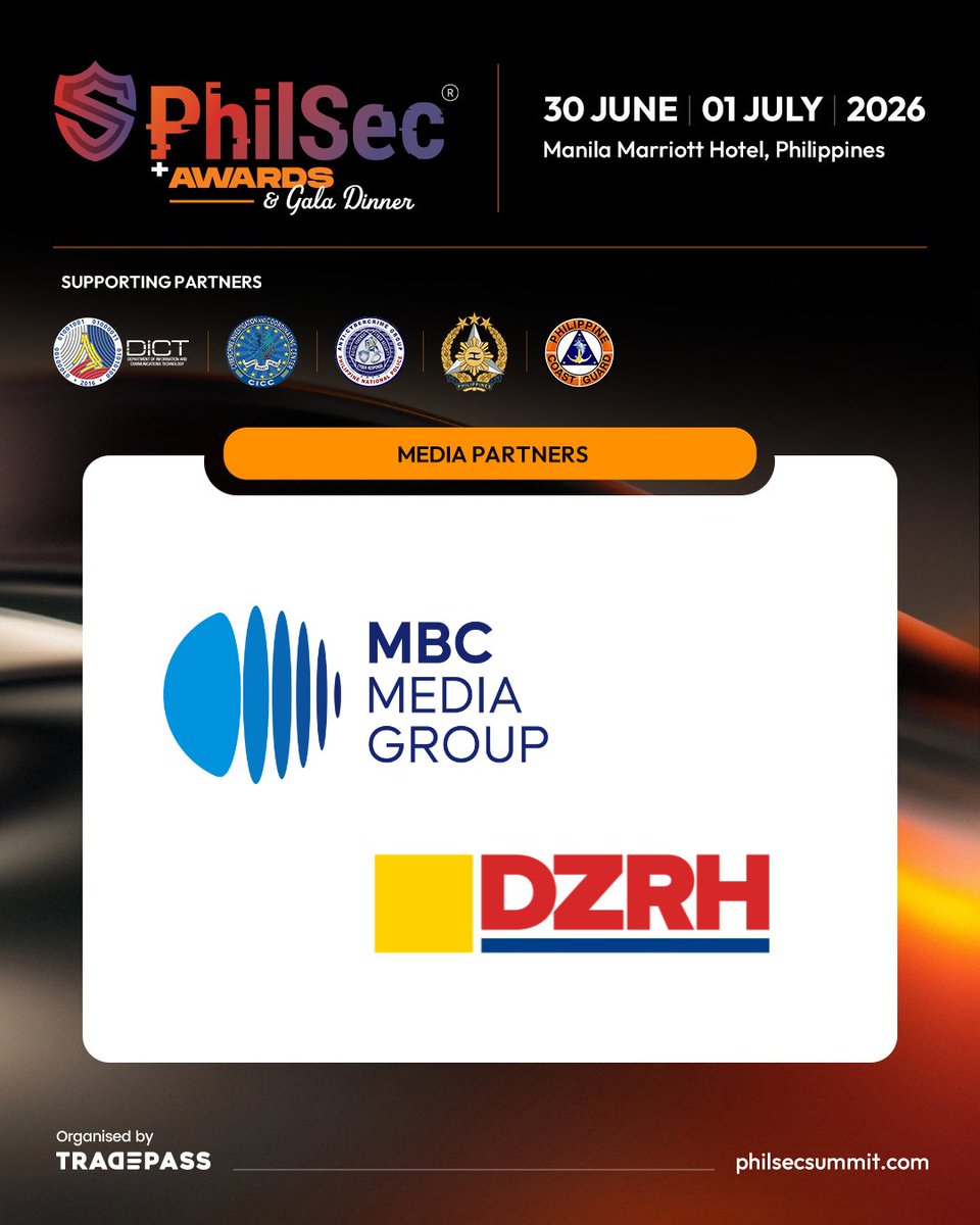 Tradepassglobal's tweet photo. Welcoming MBC Group and DZRH as our Media Partners for PhilSec 2026! 🤝

📅 30 June – 1 July, 2026
📍 Manila Marriott Hotel, Philippines
🔗 https://t.co/rPEv21wF12

#PhilSec2026 #CyberSecurity #MediaPartner #MBCGroup #DZRH https://t.co/p49ePgoX8x