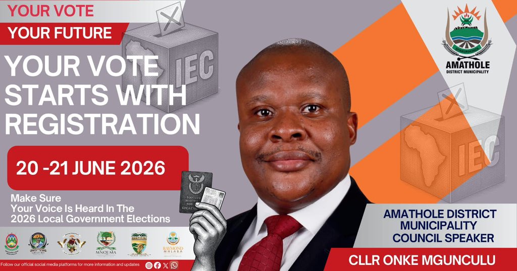 Amathole_DM's tweet photo. Your voice. Your future. Your vote. 🗳️ IEC registration is open this weekend, 20–21 June, across Amathole District. As mandated to lead public participation & voter education, ADM Speaker Cllr Onke Mgunculu calls on residents to register/update details this weekend, 20–21 June, ahead of #LGE2026. #VoterEducation #PublicParticipation #IEC2026 #ADM