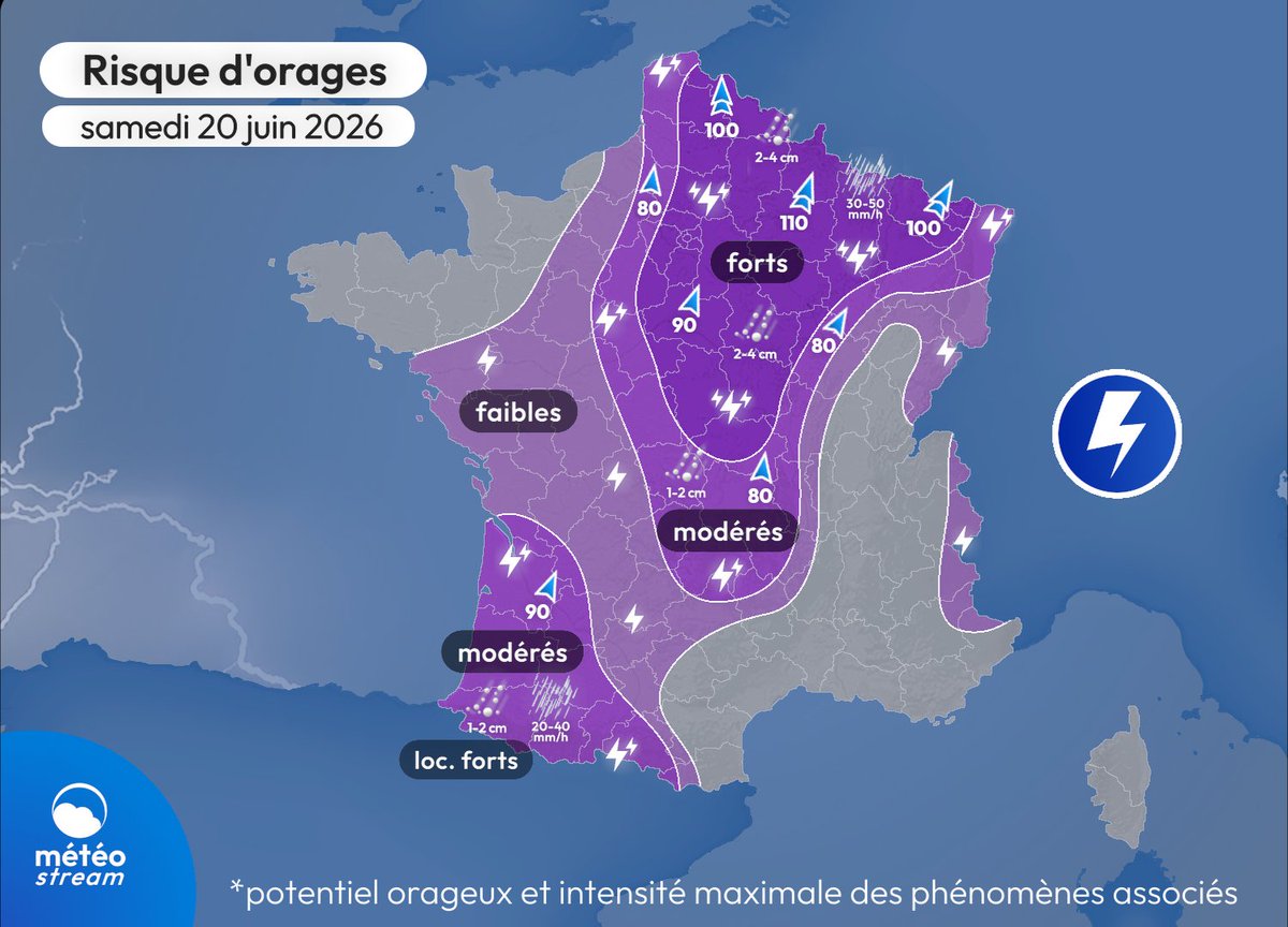 meteo_stream's tweet photo. 🌩️ Une nouvelle salve d'#orages forts est attendue cet après-midi et ce soir, depuis l'Auvergne jusqu'aux frontières du nord-est. De violentes rafales de vent, de la #grêle de taille moyenne et des pluies intenses sont probables sur cet axe. https://t.co/hO2VVirFPK
