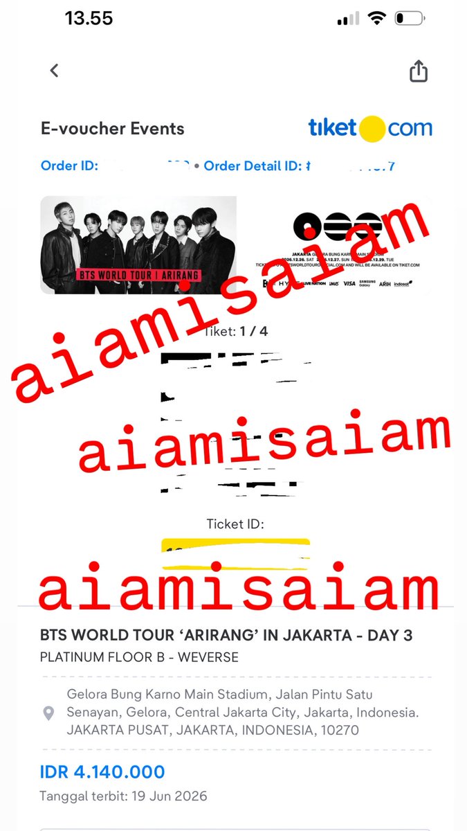 iamisaiam's tweet photo. WTS BTS Concert in Jakarta

DAY 3
Platinum Floor B 4 tix
Full payment only
Ditukerin✅

dm kalo berminat https://t.co/xY027RggG8
