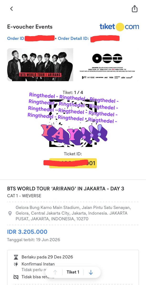 Ringthedel's tweet photo. Hi Guys 👋 
Aku punya tiket lebihan dari presale BTS ARIRANG JAKARTA kemarin, ada yang mau kah?

CAT 1 Weverse - Day 3 
Sisa 1 tiket ajaa

Diurus sampai fisik ✅️
No Hit &amp; Run 🚫
COD Jaksel only ya

Kalau minat boleh reply yaah!

#WTS #WTSBTSJakarta
#BTS_ARİRANG https://t.co/ieIYIrxoCw