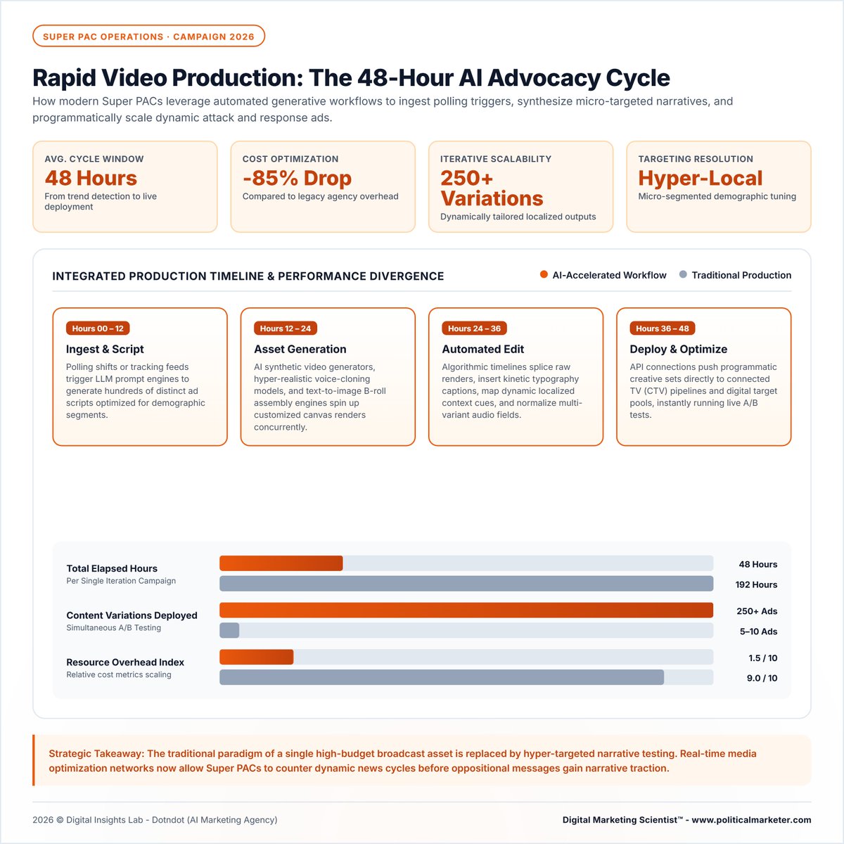 PoliMarketer's tweet photo. AI can reduce political video production from 192 hours to 48 hours.
Key results:
• 85% lower overhead
• 250+ ad variations
• Hyper-local targeting
• Live A/B testing
• Resource index: 1.5/10 vs. 9/10
#PoliticalMarketing #AIVideo #CampaignTech #SuperPAC https://t.co/E42PpTXzkK