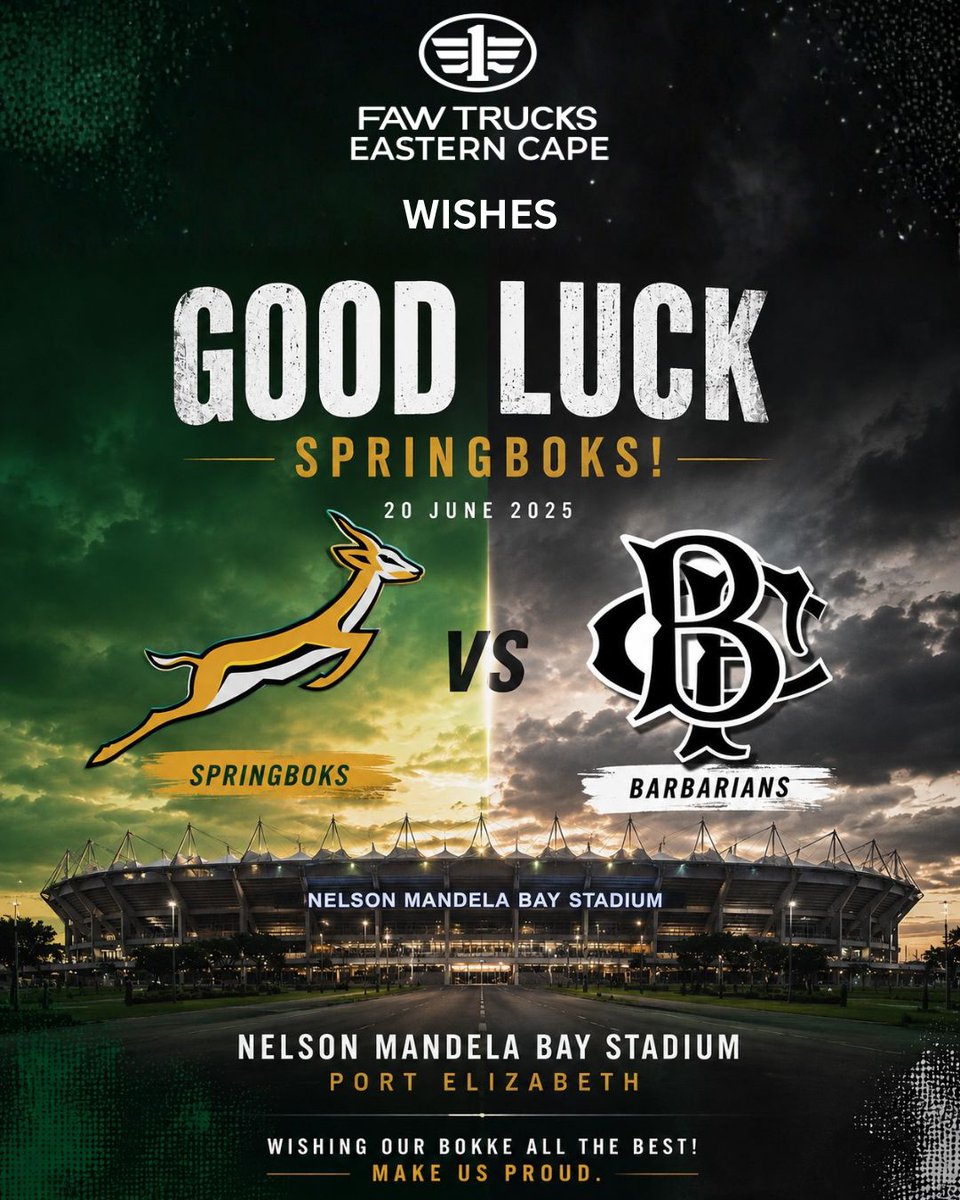 FawCape's tweet photo. Good luck to the Springboks as they take on the Barbarians today! 🏉 🇿🇦 https://t.co/M3jfz7F6Sd