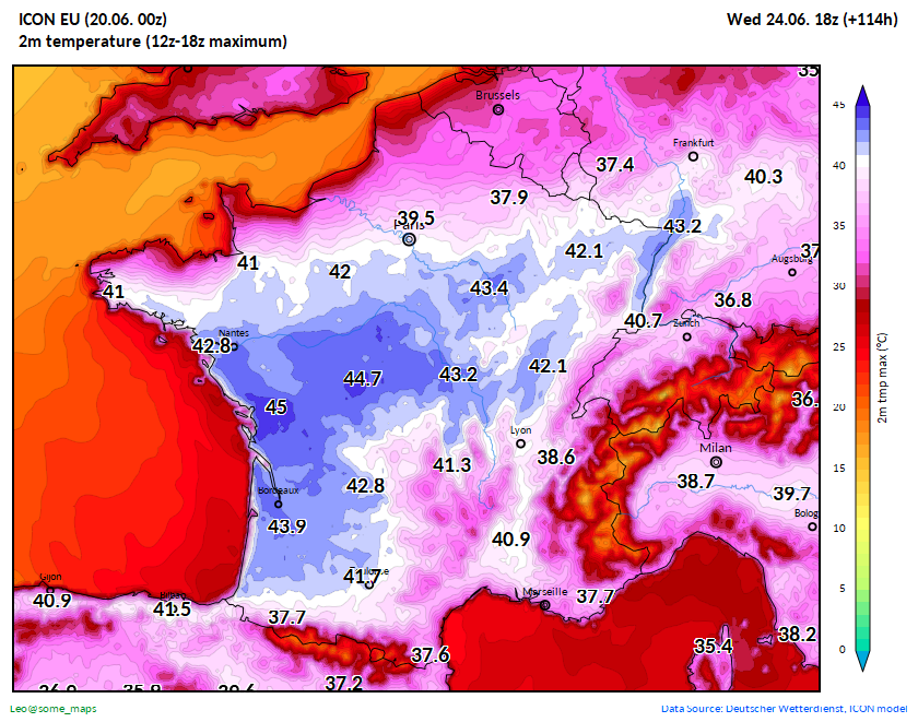 some_maps's tweet photo. This is the 12z-18z temperature maximum, ICON EU model, for Wednesday. #heatwave #heat #chaleur https://t.co/UUn7eSa9Io