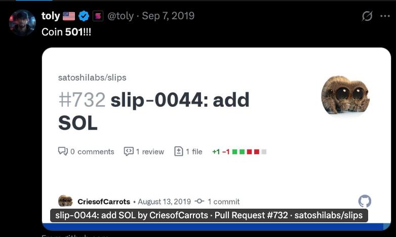 NostaIgicGareth's tweet photo. I was the OG $501 dev, and now that we can finally share fees to Github's.

This absolute gem has to run again.

Index 501 was selected because it visually resembles "SOL" when stylized, reflecting early enthusiasm for the then-upcoming blockchain project.

Fun fact this was before the Solana blockchain even launched. Coin 501 is the true "SOL". 
Here is the proof, lets tokenise it and make history.

This post was made celebrating the addition of Solana (SOL) as coin type 501 in the SLIP-0044 registry via a merged GitHub PR on satoshilabs/slips.

I will send all fees to Toy's Github (fuck it)

Github: https://t.co/K7HN5vv6Hg

Coin $501
 
CA ELOW