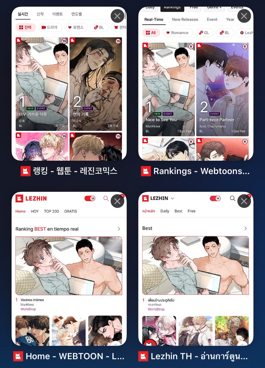 HoinLP's tweet photo. Lo de MunKkwa-nim increíble, casi 2 días del estreno y se mantiene intacto el top 1 en Lezhin KO, Lezhin US, Lezhin ES y Lezhin TH https://t.co/raOEel9i6k