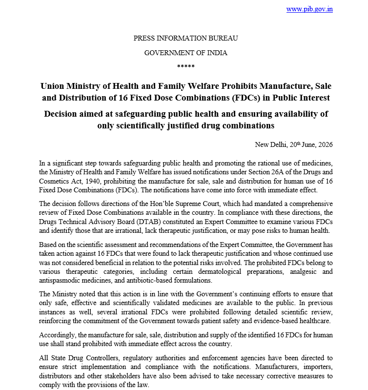 ANI's tweet photo. Union Ministry of Health and Family Welfare prohibits manufacture, sale and distribution of 16 Fixed Dose Combinations (FDCs), in public interest. Decision aimed at safeguarding public health and ensuring availability of only scientifically justified drug combinations https://t.co/klWkCsM0ve
