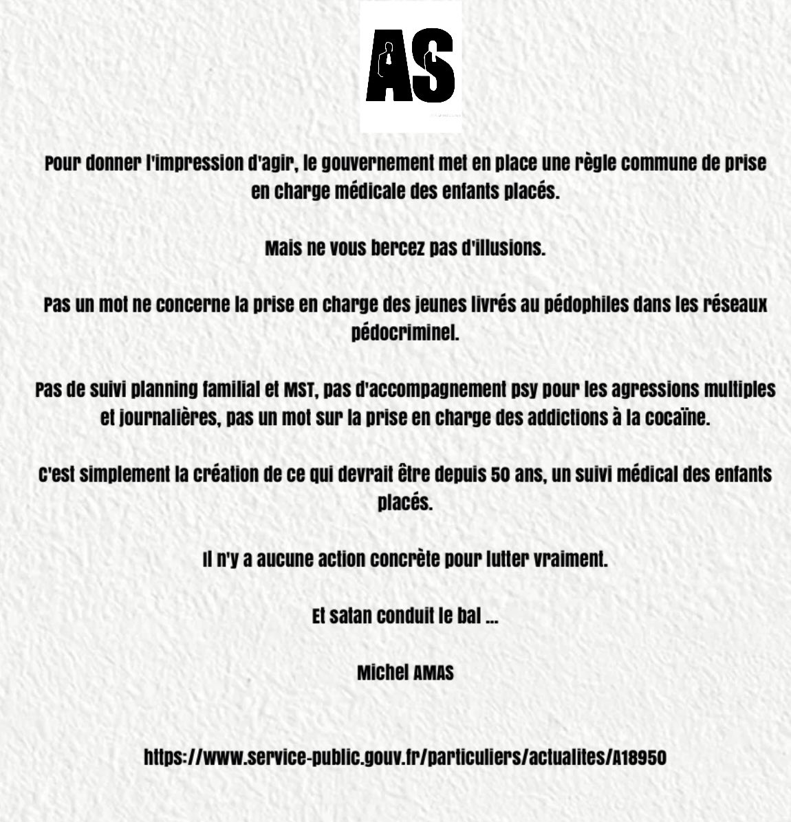 michel_amas's tweet photo. Pour donner l'impression d'agir, le gouvernement met en place une règle commune de prise en charge médicale des enfants placés.

Mais ne vous bercez pas d'illusions.

Pas un mot ne concerne la prise en charge des jeunes livrés au pédophiles dans les réseaux pédocriminel ... https://t.co/KOLN6Ht3Zr