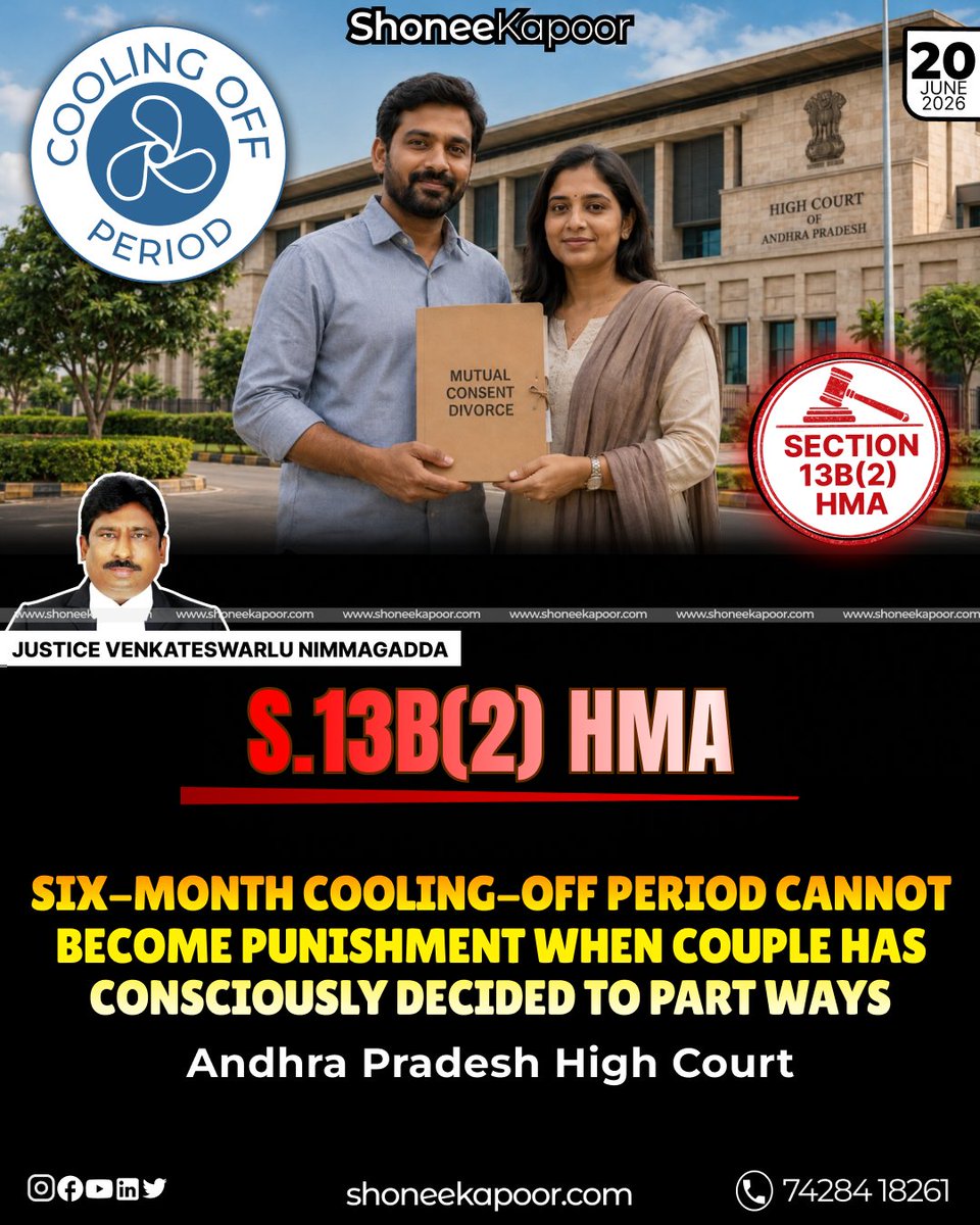 ShoneeKapoor's tweet photo. The Andhra Pradesh High Court held that the six-month cooling-off period in mutual consent divorce is not mandatory in every case.

Since the husband and wife had already settled all disputes, including alimony, child welfare, property issues and criminal cases, the Court said that forcing them to wait further would serve no useful purpose and would only prolong their agony.

The Family Court’s order was set aside, and the matter was directed to be taken up expeditiously for mutual consent divorce.

TO READ EXACTLY WHAT THE HIGH COURT SAID AND DOWNLOAD THE ORDER COPY, CLICK HERE:👇
https://t.co/YXdeWur89F