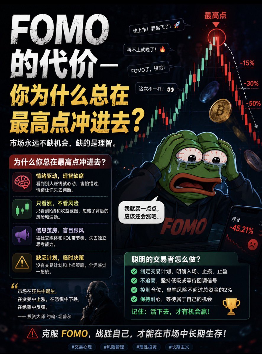 Jasonvip666's tweet photo. FOMO 的代价——你为什么总在最高点冲进去？

周末行情看似平静，但恰恰是 FOMO（害怕错过）最容易发酵的时候。你刷着推特、看着群里晒单，心里那根弦越来越紧："大家都在赚钱，就我空仓？"

FOMO 的本质不是贪婪，是焦虑驱动的决策。当你因为害怕错过而开单，而不是因为看到了明确的交易信号时，你已经输了一半。

三个实用方法来对抗 FOMO：

1. 延迟开单 15 分钟。当你冲动想进场时，设一个15分钟倒计时。15分钟后还想进，再看一遍理由。大部分冲动单撑不过这15分钟。
2. 关闭晒单群通知。周末筛掉那些只晒盈利不晒亏损的信息源。你看到的是别人想让你看到的，不是真相。
3. 反问自己一句话："如果我已经持有这个仓位，我现在会加仓吗？" 如果答案是否，那就别进场。#crypto #btc