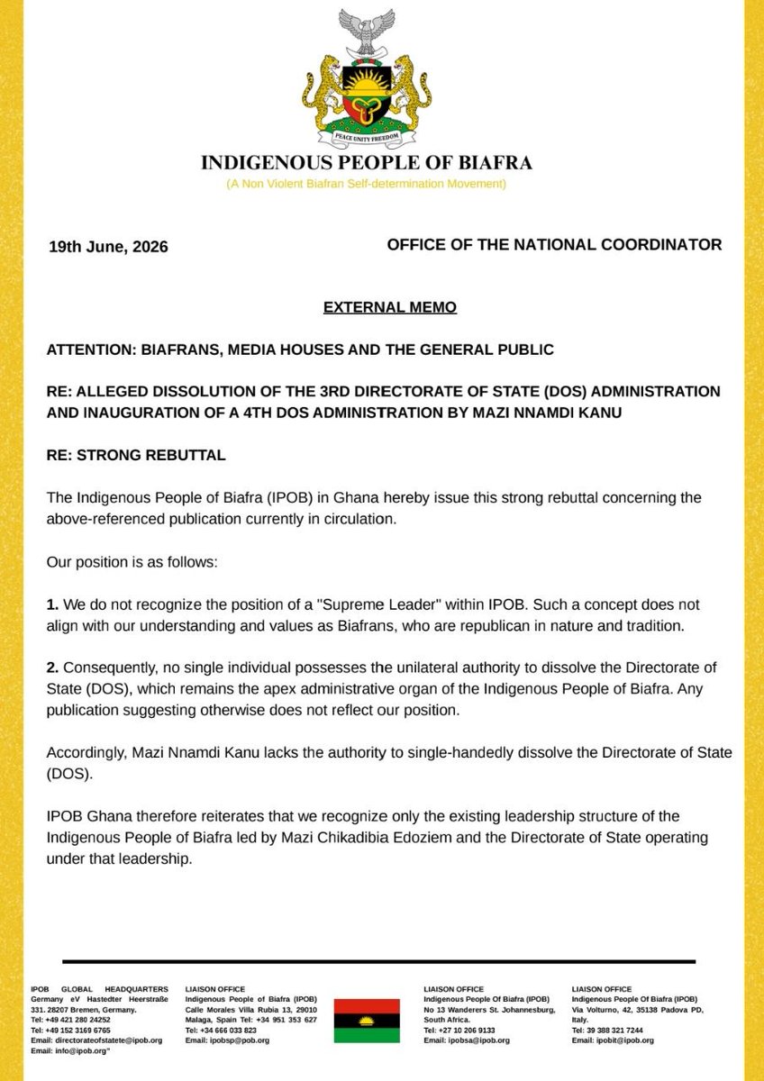 WesternGhana's tweet photo. STRONG REBUTTAL

The (IPOB) in Ghana hereby issue this strong rebuttal concerning

ALLEGED DISSOLUTION OF THE 3RD DIRECTORATE OF STATE (DOS) ADMINISTRATION AND INAUGURATION OF A 4TH DOS ADMINISTRATION BY MAZI NNAMDI KAN
@radiobiafralive @ChinasaNworu
@EmekaGift100 #IPOB #ESN https://t.co/mMWvhvezQx