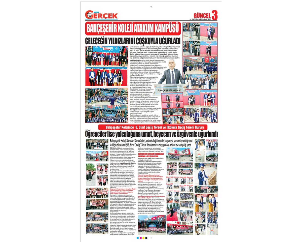 Bahcesehir_Sam's tweet photo. Bahçeşehir Koleji Samsun Kampüsleri’nde mezuniyet gururu yerel basında🎓📰​Bahçeşehir Koleji Atakum ve 19 Mayıs Kampüslerimizin gerçekleştirdiği, coşku dolu mezuniyet ve geçiş törenleri Samsun basınında yer aldı.(Samsun Gazetesi - Halk Gazetesi - Gerçek Gazetesi 20.06.2026) https://t.co/w8gaoEWukG