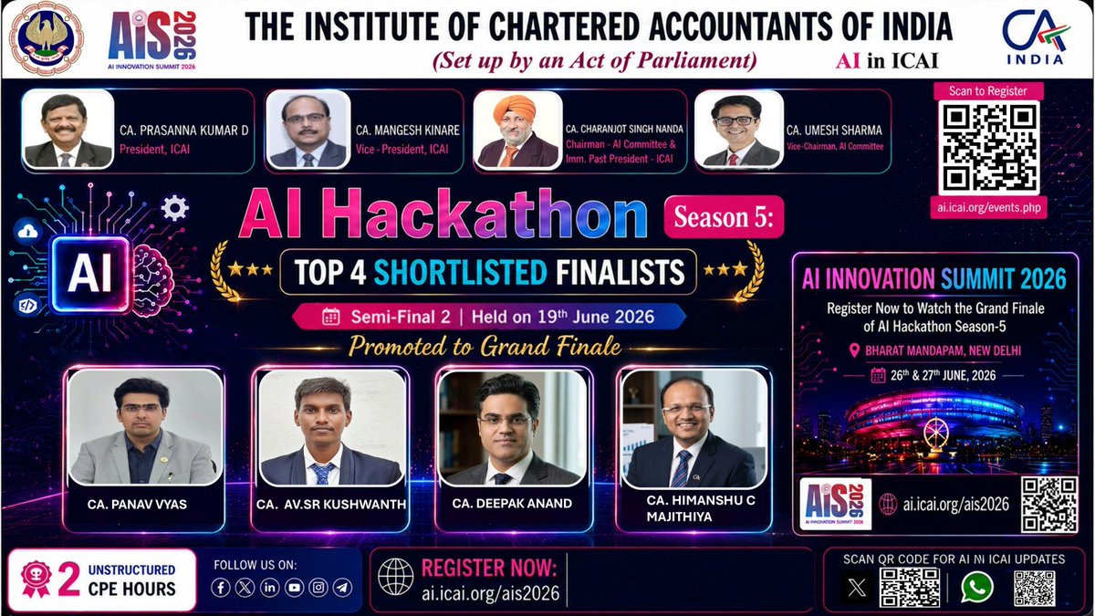 AIinICAI's tweet photo. 🌟 Heartiest Congratulations! 🌟
CA. Panav Vyas 
CA. AVSR Kushwanth 
CA. Himanshu Majithiya 
CA. Deepak Anand 

We are thrilled to congratulate the brilliant minds shortlisted from the ICAI AI Hackathon Season 5 – Semi-Final 2, held on 19th June 2026!
Your innovative thinking, relentless dedication, and exceptional problem-solving skills have brought you to this well-deserved milestone — and we couldn't be prouder of what you have achieved.

✨ As you now prepare to take the grand stage, we extend our very best wishes for the Grand Finale on 26th & 27th June 2026 at Bharat Mandapam, New Delhi. This is your moment to shine — to demonstrate the very best of what our profession is capable of, and to show the world that Indian Chartered Accountants are not just future-ready, they are future-defining.

Your journey is a powerful testament to the vision of #AIinICAI — a profession that embraces technology not merely as a tool, but as a transformative force for excellence, integrity, and impact.

🚀 Register now for the AI Innovation Summit 2026 and be part of the Grand Finale of AI Hackathon Season 5 — an event that promises to be a landmark moment for our profession!
👉 https://t.co/mLv7cZieC8
Keep inspiring. Keep innovating. Keep leading. 🌟