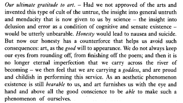 jacqmusik's tweet photo. Nietzsche on art as the the necessary counter to the unbearable: https://t.co/daFyqbUtgA