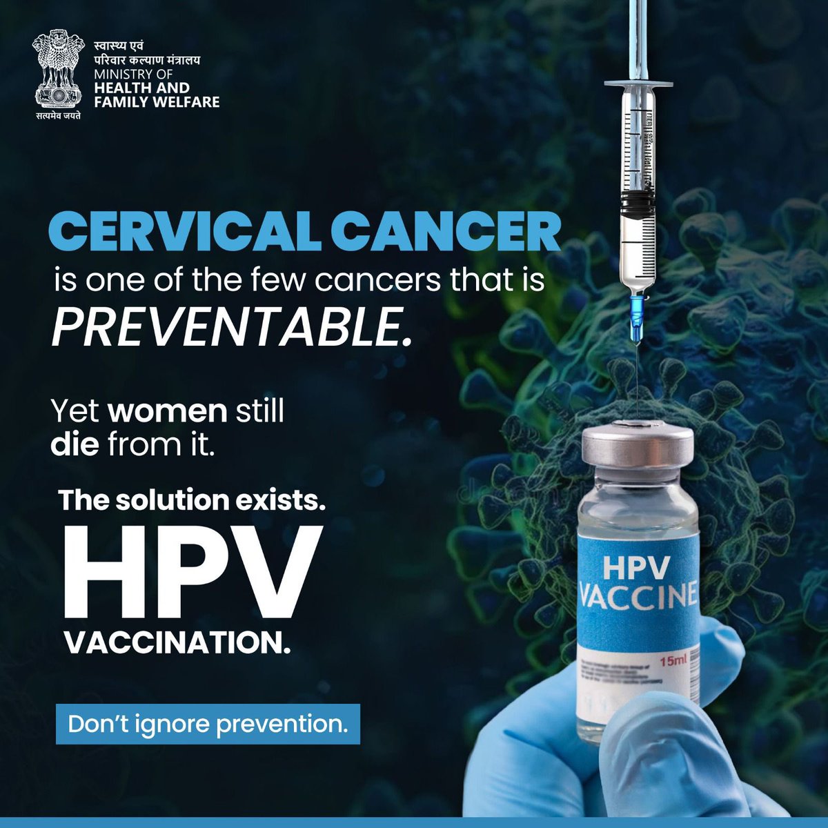 MoHFW_INDIA's tweet photo. Cervical cancer is one of the few cancers that is preventable.
HPV vaccination can protect women and girls from this disease.

Choose prevention. Choose protection.

#HPVVaccine #SwasthNariViksitBharat https://t.co/xO1nP845Ut
