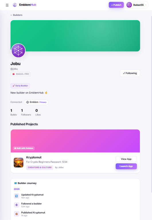 EmblemHub_'s tweet photo. A milestone for EmblemHub Beta.

Our first community builder has joined and already published their first app:

Kryptomut by Jobu 🧡

An educational crypto app helping beginners explore and understand crypto in a simpler way.

This is exactly why EmblemHub exists:
A place where projects built with Emblem can always be discovered and never get lost.
More builders.
More ideas.
More apps.

Come check it out on EmblemHub 

https://t.co/fb9A0dgogt

Discover. Build. Grow.
