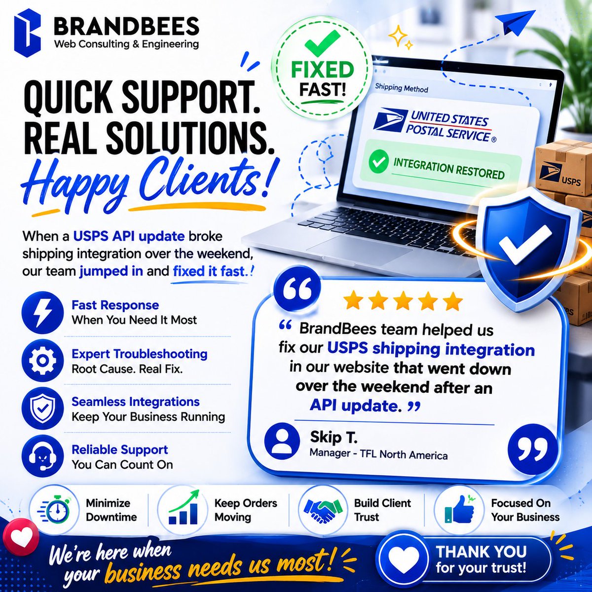 brandbees789's tweet photo. Client review

💬 "BrandBees team helped us fix our USPS shipping integration in our website that went down over the weekend after an API update."
— Skip T., TFL North America

#WordPress #WooCommerce #WebsiteSupport #Websitemaintenance https://t.co/ekPdDBXMOk