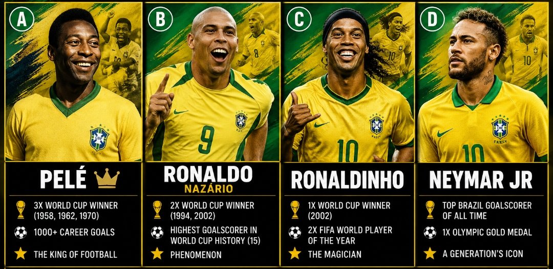Footballxfever's tweet photo. 🇧🇷 #Brazil has produced more football legends than any nation in history. 🐐

A) Pelé 👑
B) Ronaldo Nazário 
C) Ronaldinho 
D) Neymar Jr 

One vote. One Brazilian GOAT.

Who are you choosing? 🇧🇷 https://t.co/iXuR0c1wwZ