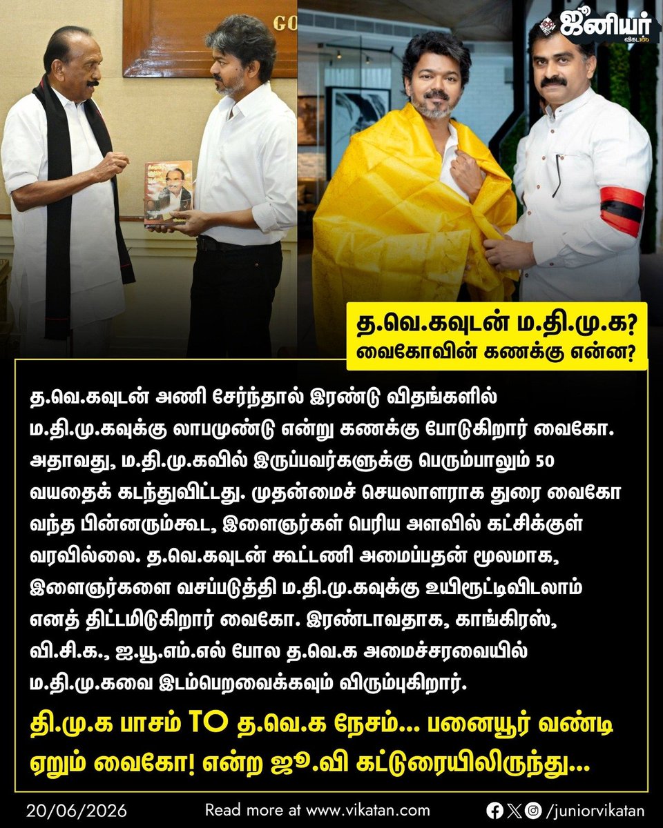 npkguruparan's tweet photo. தவெக-வுடன் கூட்டணி வைத்து, மதிமுக-வுக்கு உயிரூட்ட பார்க்கிறார் வைகோ. வரும் ஜூன் 27-ம் தேதி நடைபெறவுள்ள கட்சி பொதுக்குழுவில் தவெக உடன் கூட்டணி அமைப்பதற்கான தீர்மானத்தை நிறைவேற்றவுள்ளது மதிமுக. 

வைகோவுக்கு, தமிழக அரசின் டெல்லி சிறப்பு பிரதிநிதி பதவி அளிக்கப்படலாம். https://t.co/hx5FaH8D1o