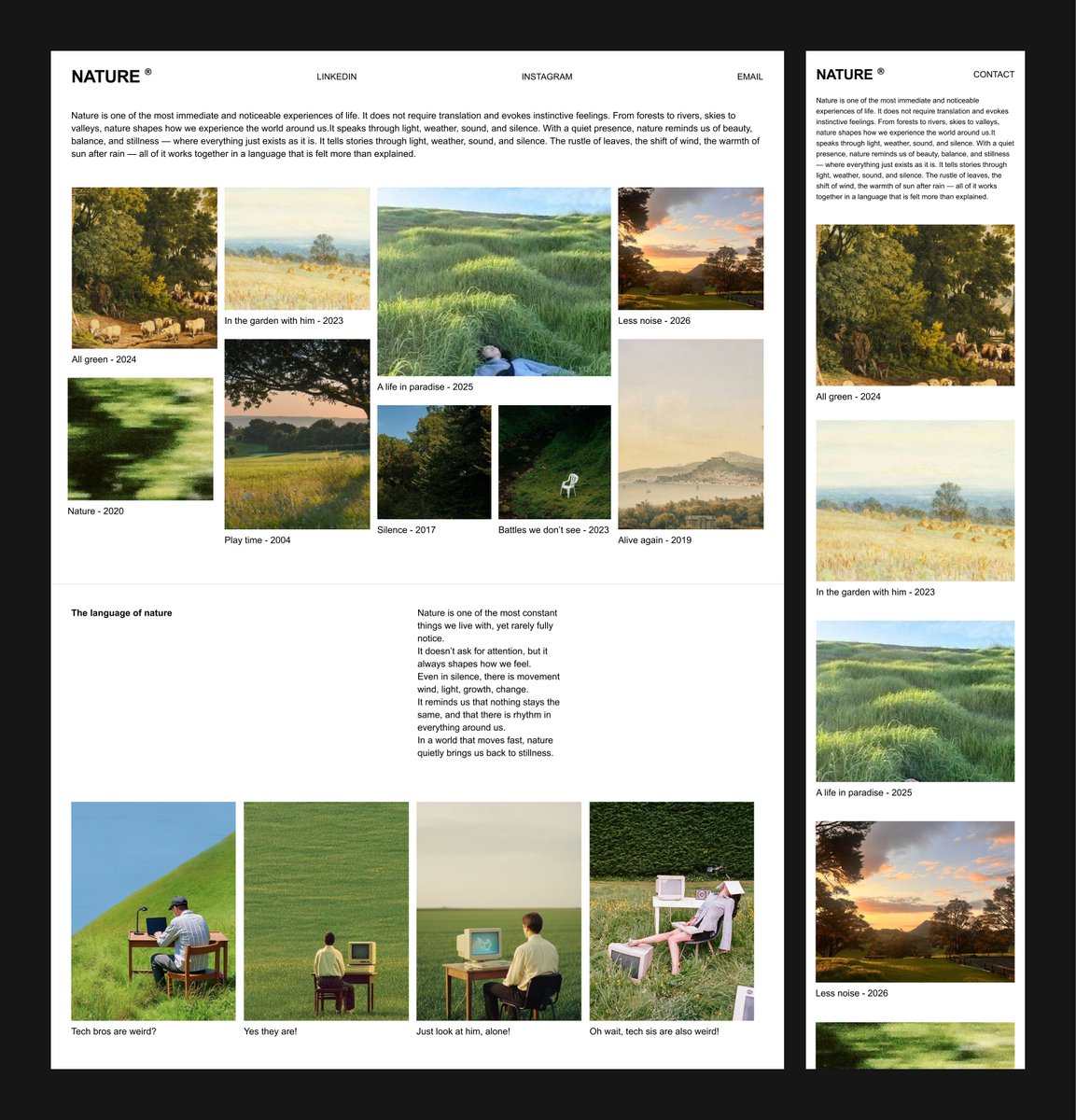IwuezeAmarachi's tweet photo. Day 18 of 30 👩‍💻

Task: recreate this nature editorial page. focus on the layout and the interaction. The page is a gallery of images, each with a name and year under it. here's the interaction:

- on default, the page shows a grid layout with all images visible, each with its caption (name and year) underneath.

- when you click an image, it overlays in full size over a dimmed background and shows its text.
click outside the image, or hit close, and it goes back to the grid.

Bonus if you let people move between images while the overlay is open (next/previous), so they don't have to close and reopen each time.

same design, your own approach. use whatever tool works for you.

quote this with your version when you're done.👇