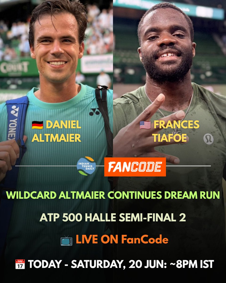 IndTennisDaily's tweet photo. 🍀🎾 Grass court Saturday is here and it's loaded!

Four semi-finals across two ATP 500s today, Queen's Club and Halle, and every match has a story worth watching.

At Queen's, 🇺🇸 Brandon Nakashima and 🇦🇷 Francisco Cerundolo face off, with one of them set to reach their maiden ATP 500 final. Later, 2024 champion 🇺🇸 Tommy Paul takes on 🇫🇷 Ugo Humbert, with eyes on a second Queen's title.

Over at Halle, 🇩🇪 Alexander Zverev makes his grass-court entrance as Roland-Garros champion, taking on 🇺🇸 Taylor Fritz. Later, wildcard 🇩🇪 Daniel Altmaier, one of the resurgent stories of the week, goes up against 🇺🇸 Frances Tiafoe.

📺 Watch all four semis LIVE on FanCode

📅 Today, Saturday 20 June | From 5:30PM IST

🎟 Queen’s Club Championships Pass: ₹59
🎟 Halle’s Championships Pass: ₹59
🎟 ATP 2026 Season Pass: ₹199

📲 Queen's Club Open Live Stream - https://t.co/RFATjM2ymv

📲 Halle Open Live Stream - https://t.co/gFCKT3izsO