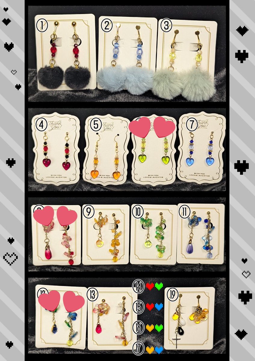 stera_393's tweet photo. 現在こんな感じです〜！

⑭~⑰はわかりにくいんですけどお花のデザインで⑫.⑬みたいなMIXカラーをここに無いけど1個ずつなら作りますよ〜という意味です(⑉˙ᗜ˙⑉)
推しコンビでぜひ🐈‍⬛🦀🐮🥷 https://t.co/z6DEGJDg5Q