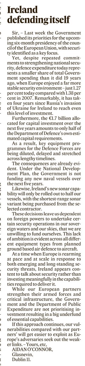 ConorHogarty's tweet photo. 🇮🇪 defending itself. 
A good letter in todays @IrishTimes on 🇮🇪 lack of defence capability and the failure by the government to provide the required financial resources and will to address the crisis. 
@MichealMartinTD 
@SimonHarrisTD 
@HMcEntee 
@IRLDeptDefence https://t.co/0e6xP1l8y3