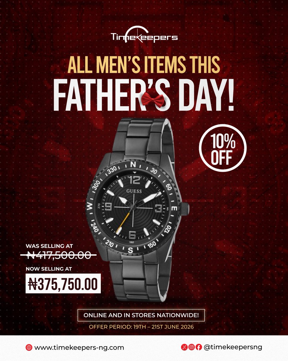 timekeepersng's tweet photo. Don’t just buy your Dad a watch.

Buy him a reminder that he’s appreciated.

10% OFF all men’s items this Father’s Day.
19th – 21st June.
https://t.co/VeCteyHQ4F &amp; in stores nationwide.

#TimekeepersFathersDay #GiftForDad https://t.co/Kw5NL80Ire