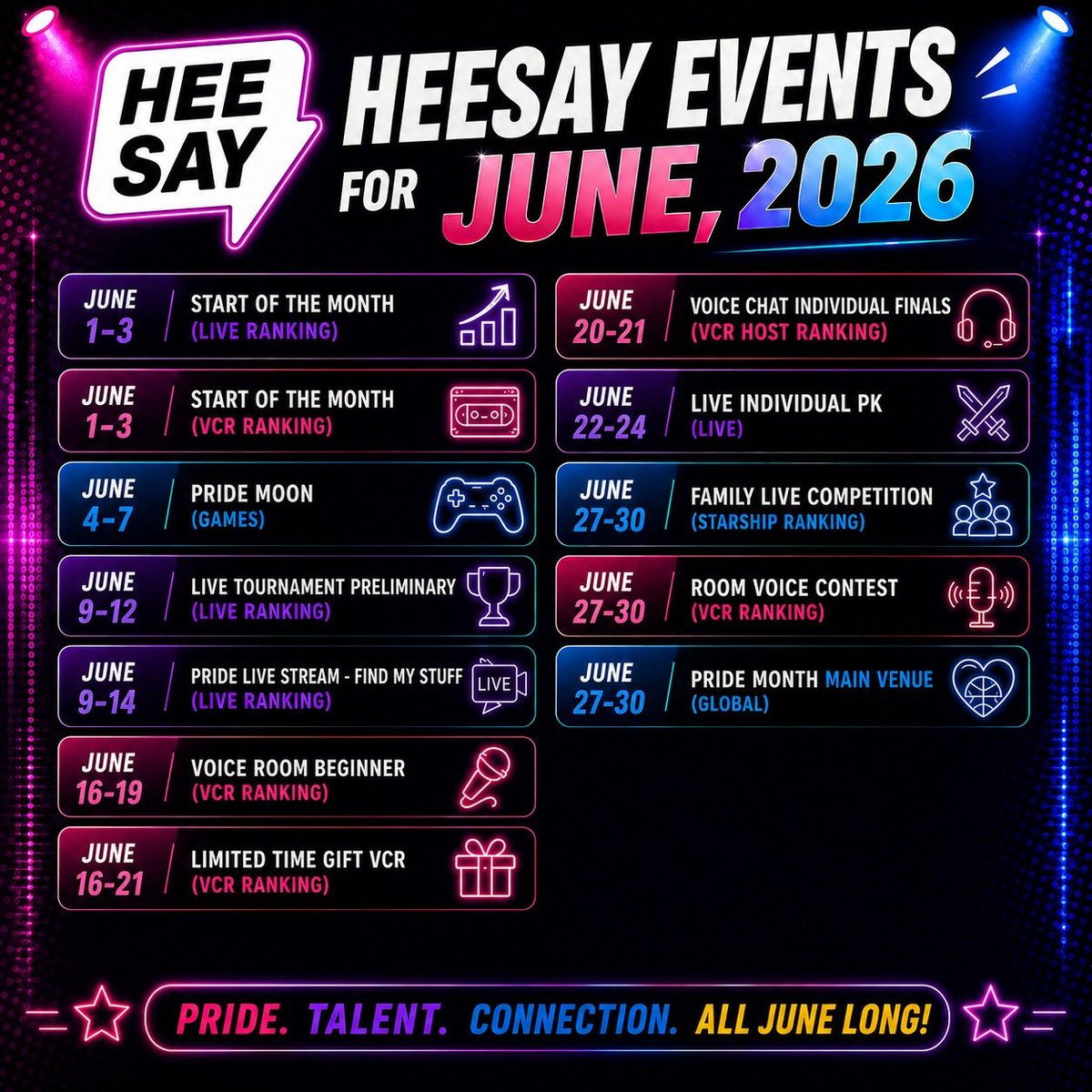 ofctmkgroup's tweet photo. Special Pride Month🌈
Heesay event for June, 2026.
@Heesayapp 

#TMK #Agency #Family #Heesay #Walla #Dateapp #app #Livestreaming #Talent #PrideMonth #June #All https://t.co/PnOh0BzUB0