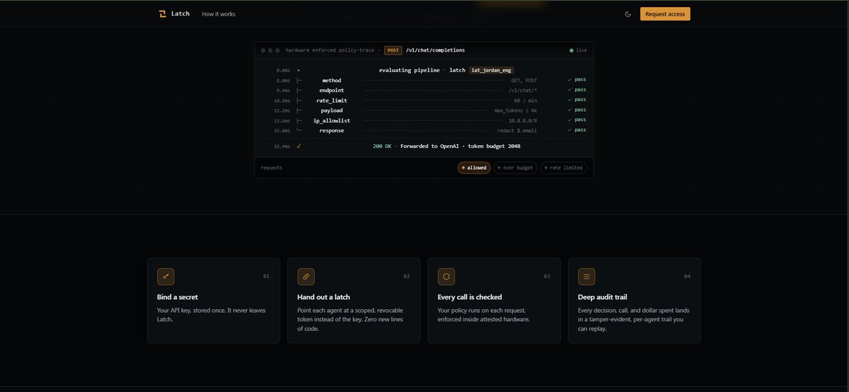 0x_alextine's tweet photo. everyone wants AI agents that can trade, make payments, call APIs and execute tasks automatically. 

the problem is that to do these things, agents usually need access to sensitive credentials like API keys, wallets or spending permissions. once these secrets are exposed, compromised, or misused, users can lose money and control.

this is the problem @RialoHQ is solving with OnLatch.

onlatch is building a secure delegation layer for AI agents. Instead of giving an AI agent full access to your keys and permissions your secrets remain locked inside a secure environment and never leave it.

you then issue the agent a latch a limited, revocable permission token that only allows specific actions.

for example, an agent can be permitted to spend only a certain amount, access only certain APIs, or perform tasks within predefined rules.

every action the agent takes is checked against these policies in real time inside hardware enforced secure environments. 

If the action violates your rules, it is blocked immediately. Every request is also recorded in tamper evident audit logs, so you always know what the agent did and why.

In simple terms, OnLatch is building the trust and security infrastructure that allows AI agents to interact with the real world safely. 

They're solving one of the biggest problems in the AI agent economy: 

how to give AI systems enough authority to be useful without giving them enough access to become dangerous.
