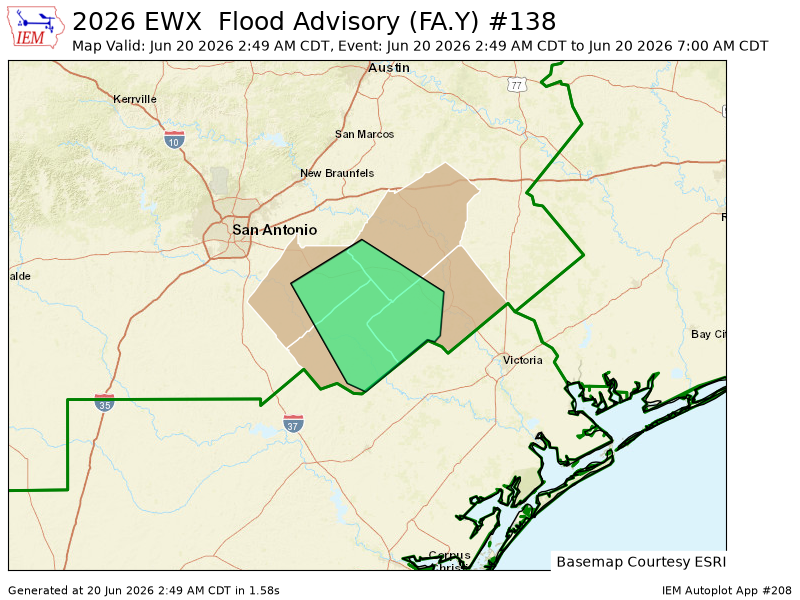 EWXBot's tweet photo. EWX issues Flood Advisory for DeWitt, Gonzales, Karnes, Wilson [TX] till Jun 20, 7:00 AM CDT https://t.co/oIDhZI31da https://t.co/jpTxV88Yfu