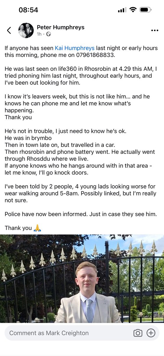 creights5's tweet photo. @wrexham morning all. If anyone has seen Peters’ son Kai, please let him know. Share if you can also please. Thanks https://t.co/vS0gk6lnno